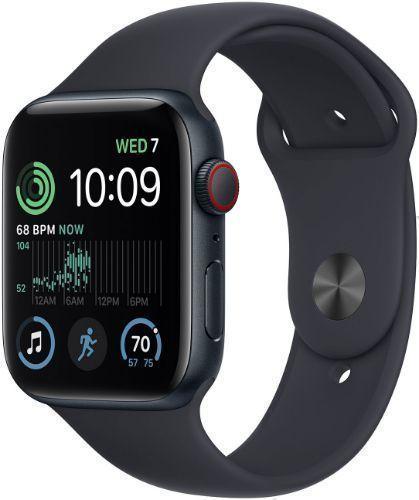 Apple Watch SE 2nd Gen (2022) (Cellular + GPS) - 32GB - 44mm - Midnight Aluminum Case with Midnight Rubber Sport Band - Small/Medium Size